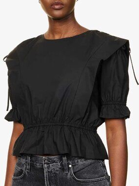FRAME Black Puff-Sleeved Elasticated-Waist Blouse